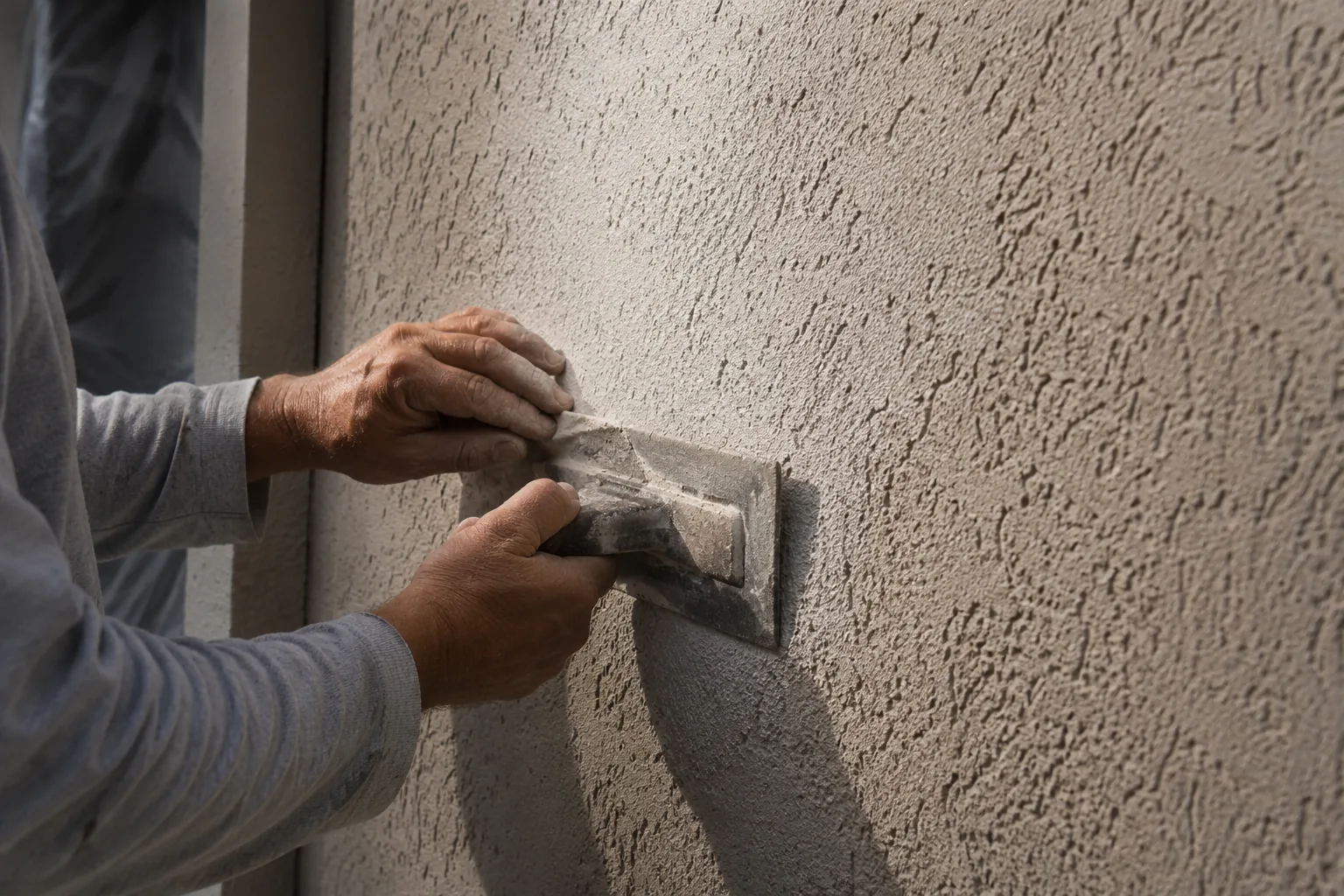 Gloved hands patching a section of stucco wall.