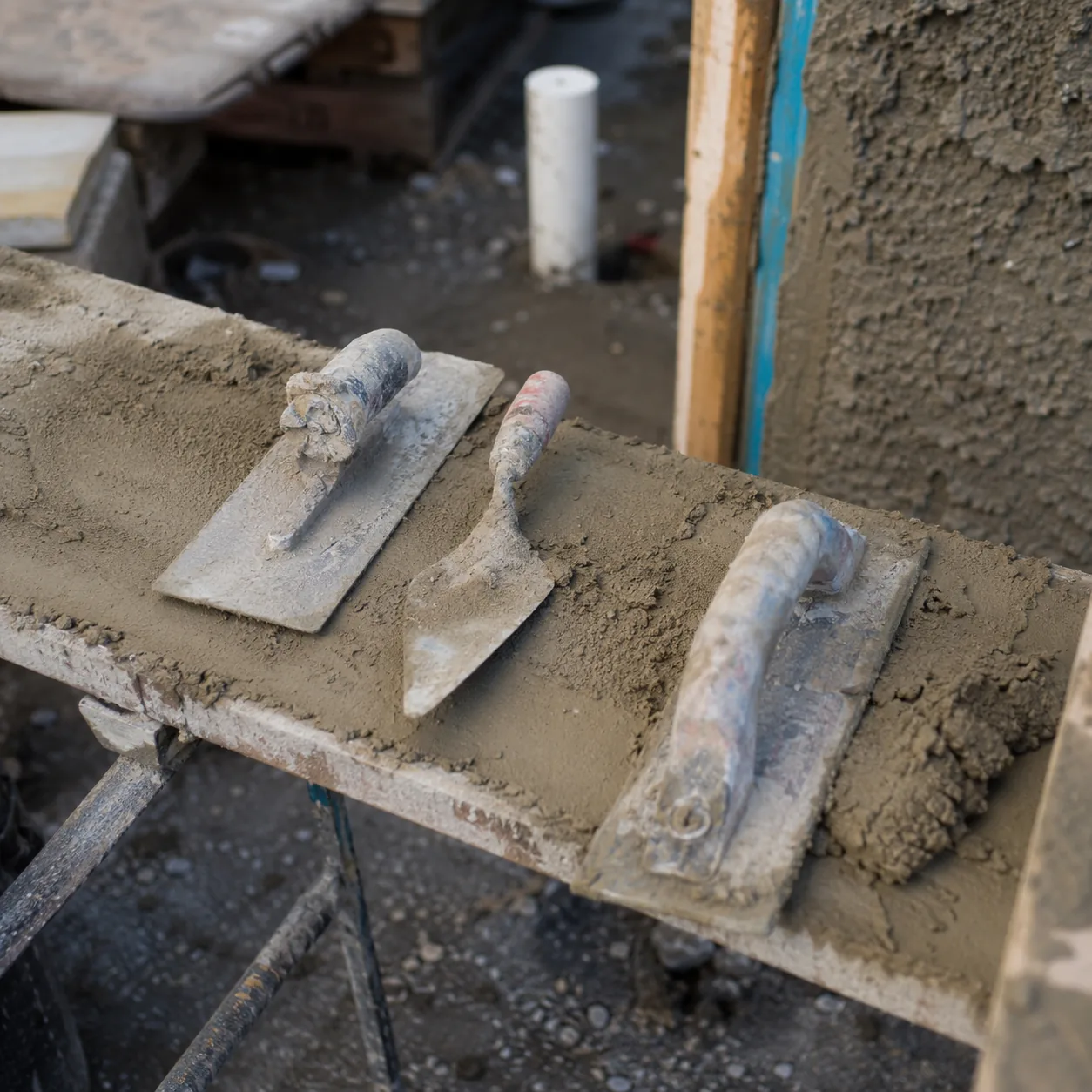 Trowels, hawks and finishing tools laid out before a stucco lift.