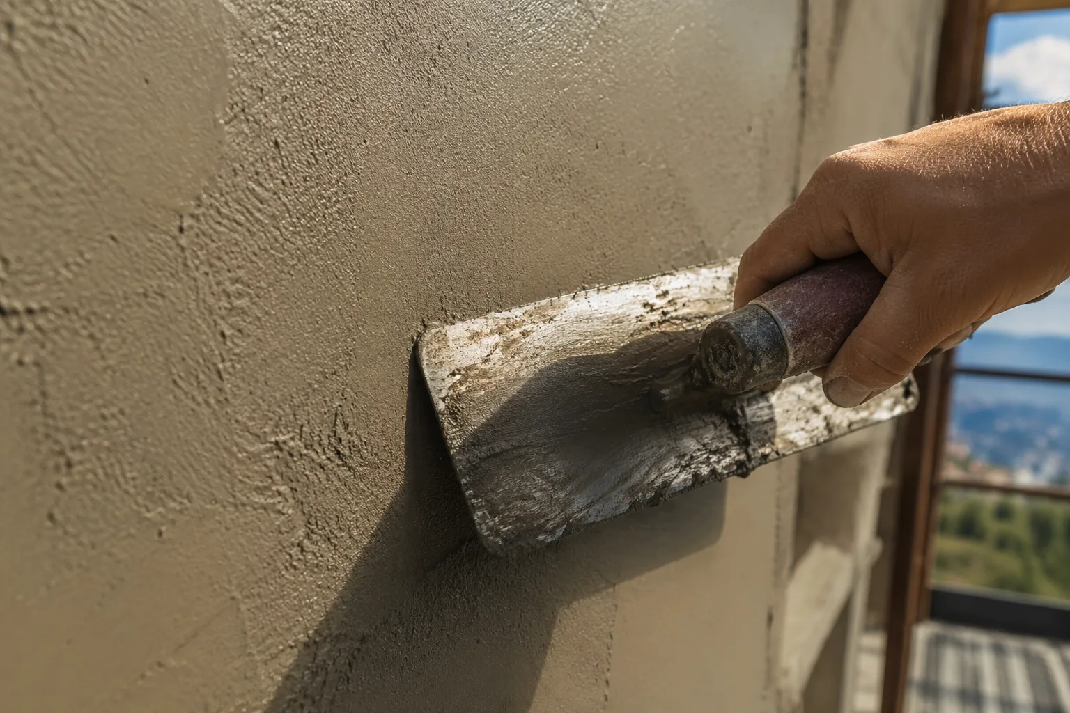 Hand-troweled stucco texture on a modern home exterior.