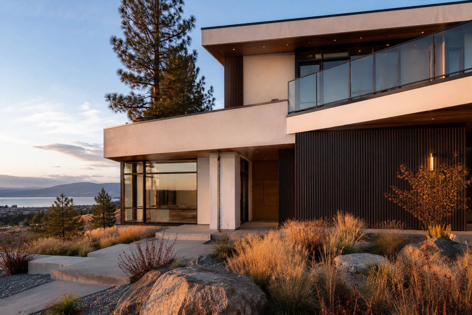 Modern home facade with vertical board siding and clean trim.
