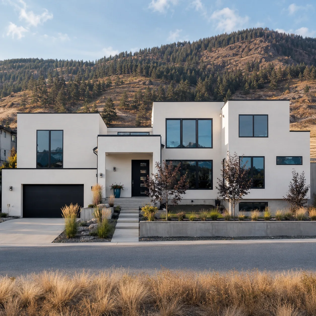 A modern Okanagan home with crisp stucco and dark cladding at dusk.
